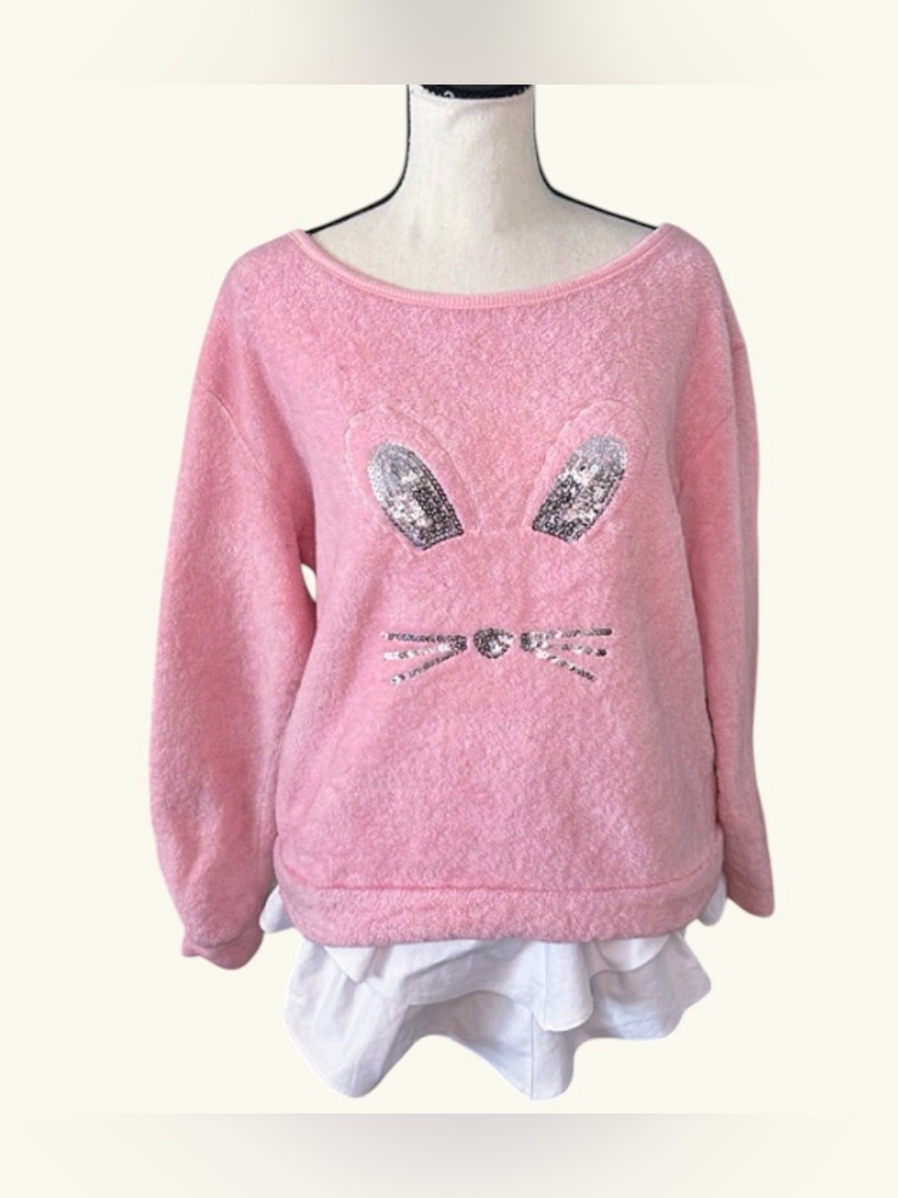 Pink Plush Sequin Bunny Face pajama top -girls Xl (14-16)